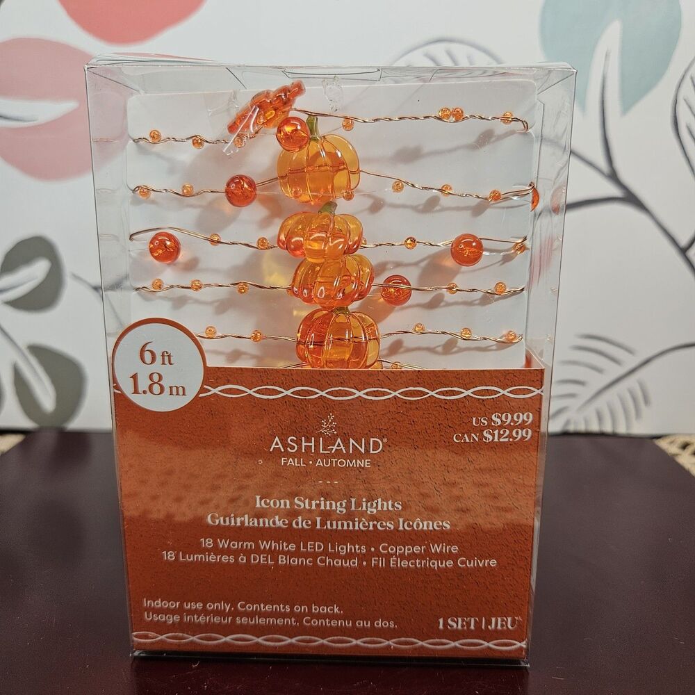 NIB Ashland Fall Autumn Pumpkin String Lights 6' LED w/ Timer 18 Warm White